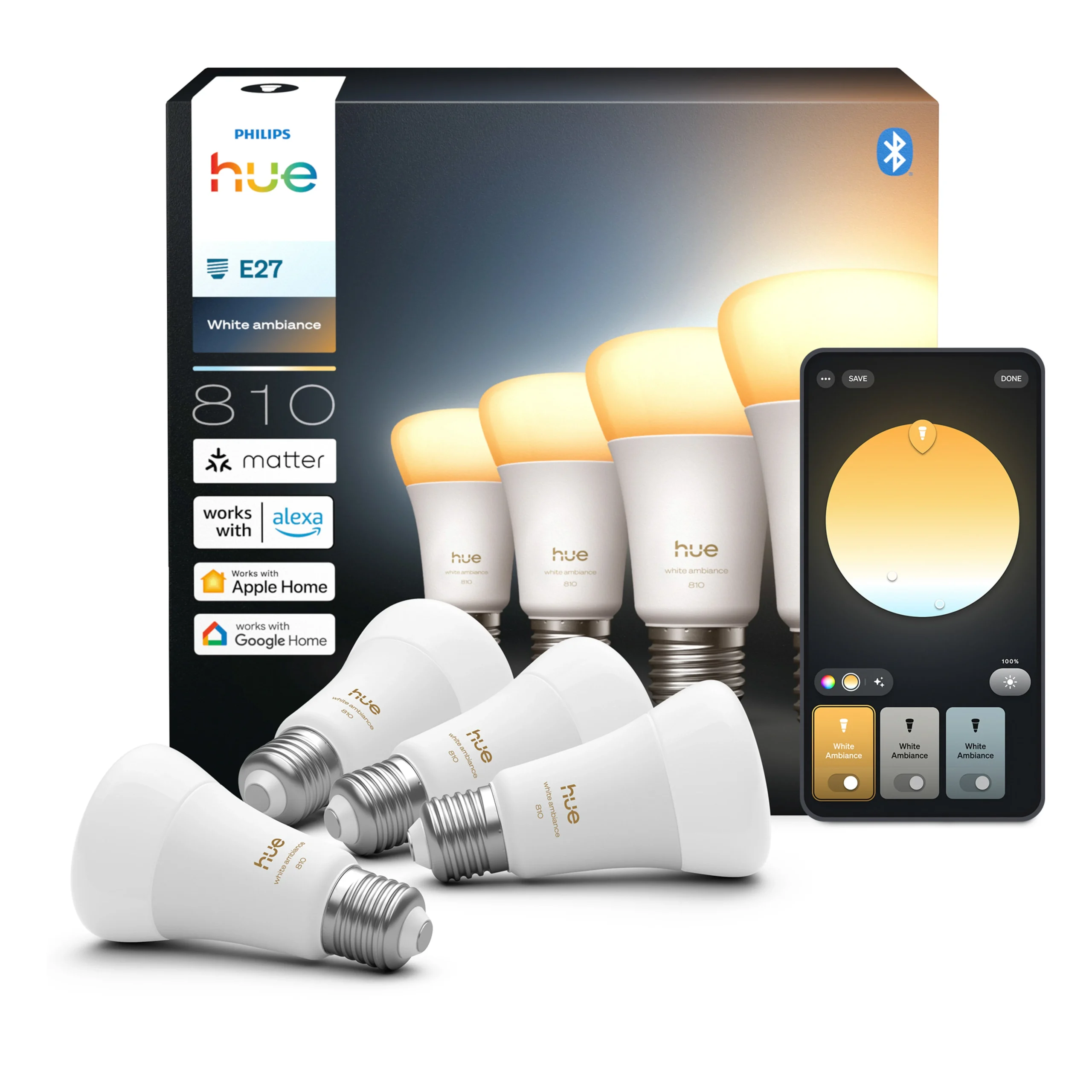 Philips Hue Bombilla White Ambiance E27 6W 810lm (4 uds) 87201