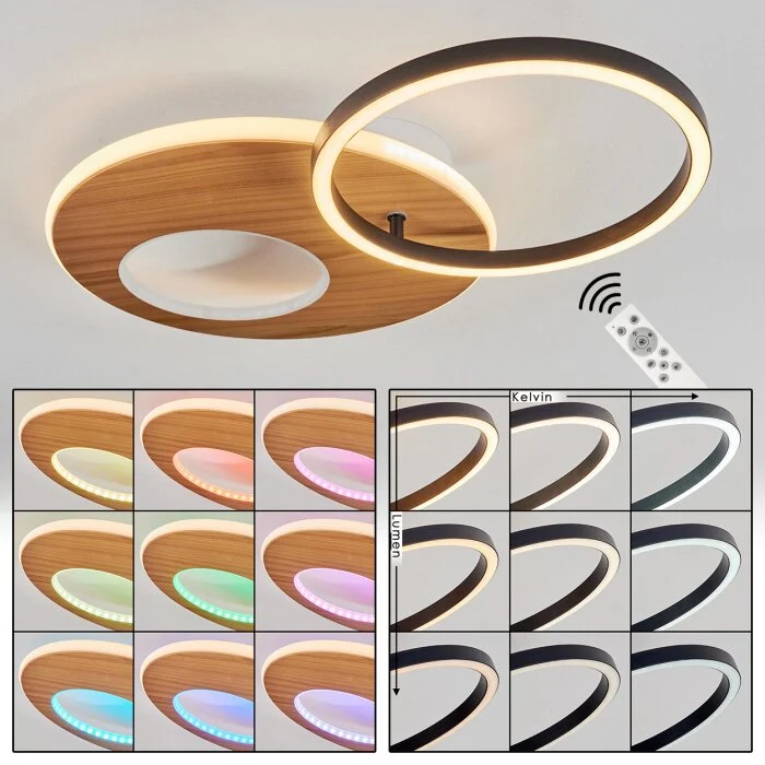 Abonakope Lámpara de Techo LED Color madera, Crudo, Negro, 2 luces, Mando a distancia, Cambia de color