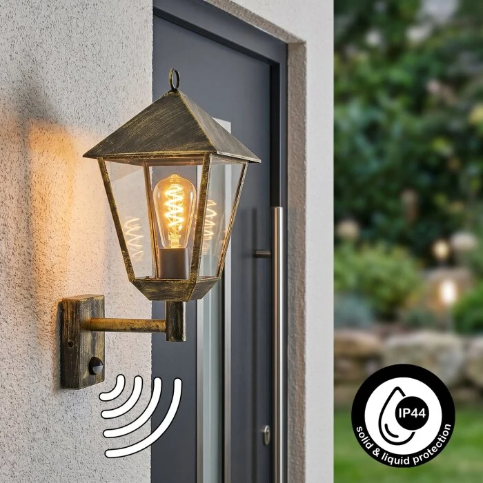 Anfei Aplique de exterior dorado, Negro, 1 luz, Sensor de movimiento
