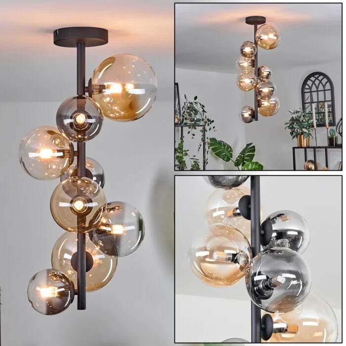 Chehalis Lámpara de Techo - Cristal 10 cm, 12 cm, 15 cm Colores ámbar, Transparente, Ahumado, 8 luces