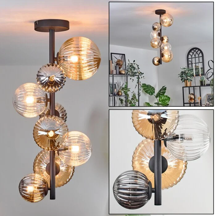 Chehalis Lámpara de Techo - Cristal 10 cm, 12 cm, 15cm Colores ámbar, Transparente, Ahumado, 8 luces