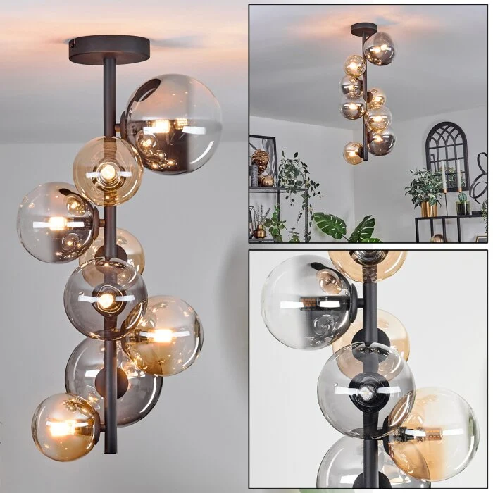 Chehalis Lámpara de Techo - Cristal 10 cm, 12cm, 15cm Colores ámbar, Transparente, Ahumado, 8 luces