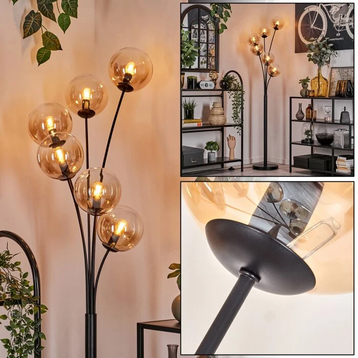 Gastor Lámpara de Pie - Cristal 15 cm Negro, 6 luces