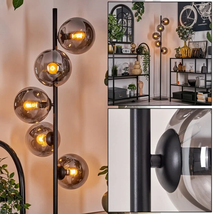Gastor Lámpara de Pie - Cristal 15 cm Negro, 5 luces