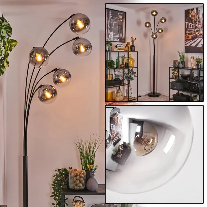 Gastor Lámpara de pie Cromo, Transparente, Ahumado, 5 luces