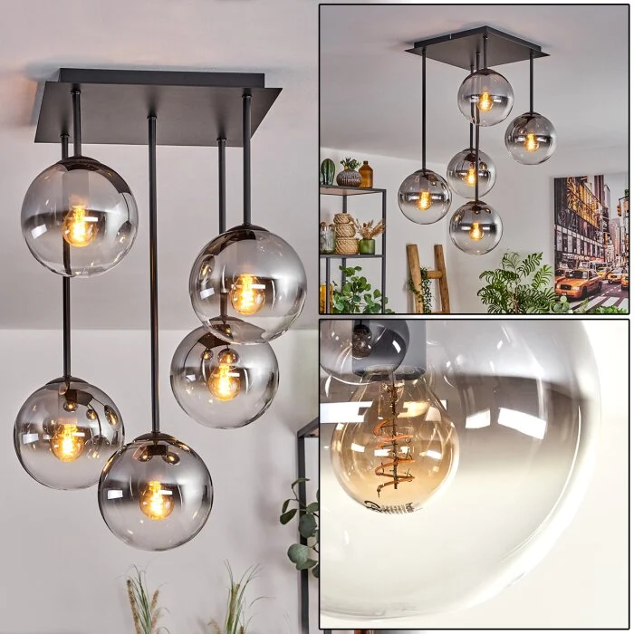 Gastor Lámpara de Techo - Cristal 15 cm Transparente, Ahumado, 5 luces