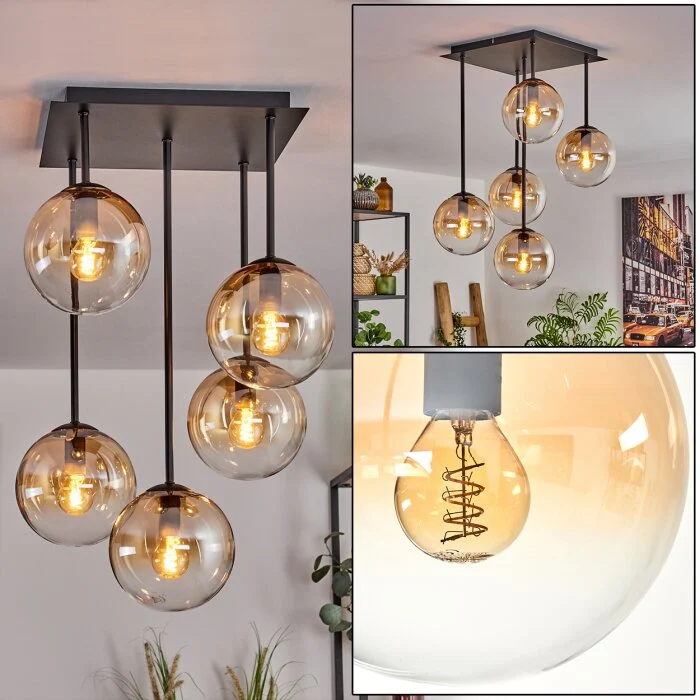 Gastor Lámpara de Techo - Cristal 15 cm Colores ámbar, Transparente, 5 luces