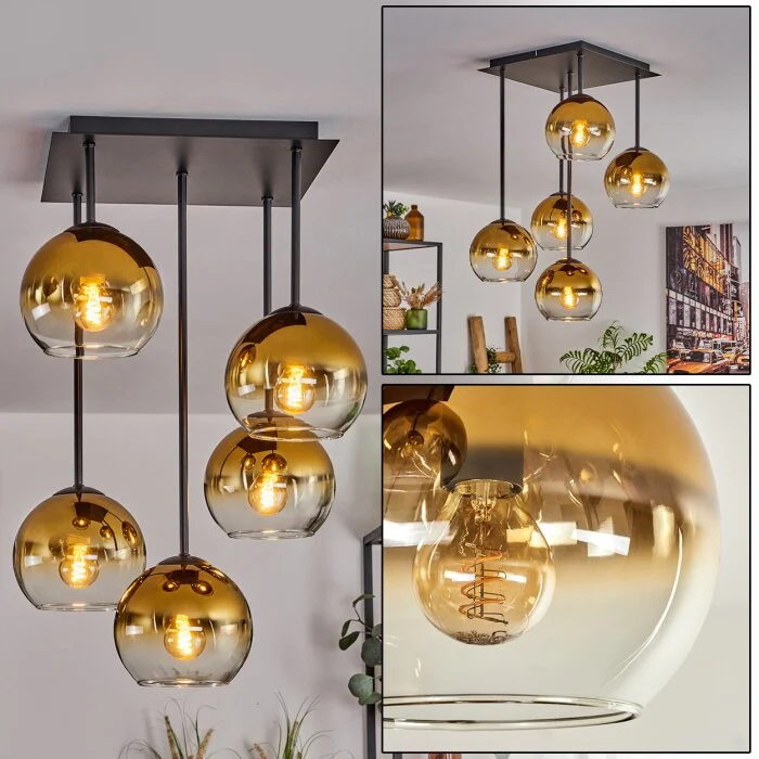 Koyoto Lámpara de Techo - Cristal 15 cm dorado, Transparente, 5 luces