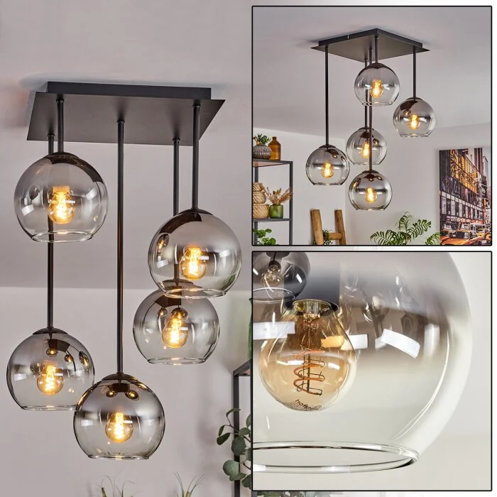 Koyoto Lámpara de Techo - Cristal 15 cm Transparente, Ahumado, 5 luces