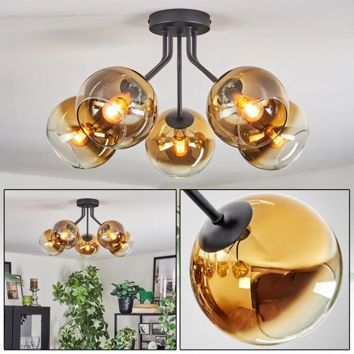 Koyoto Plafones, Luminarias esféricas 52 cm dorado, Transparente, 5 luces