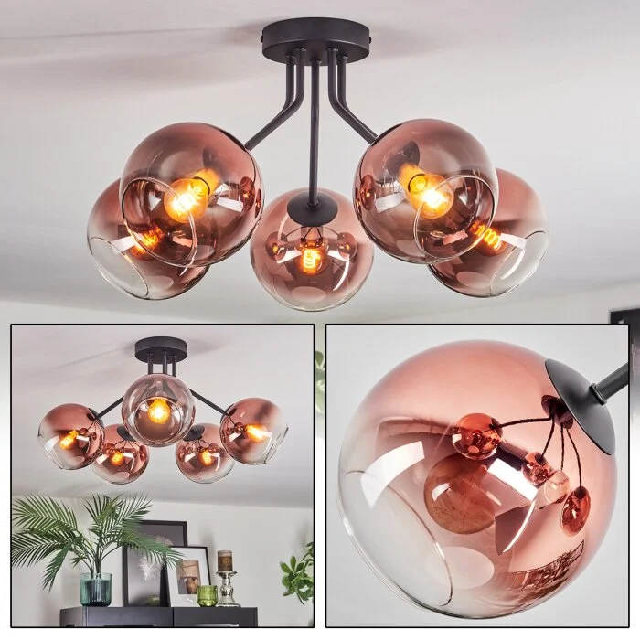 Koyoto Plafones, Luminarias esféricas 52 cm Transparente, Color cobre, 5 luces