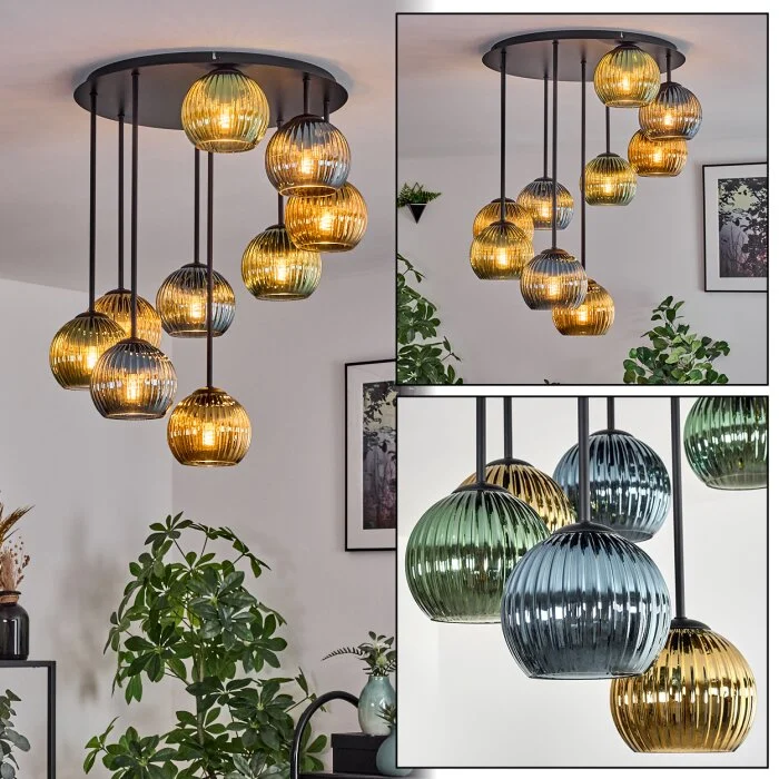 Koyoto Plafones, Luminarias esféricas 57 cm Azul, dorado, Verde, 9 luces