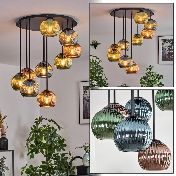 Koyoto Plafones, Luminarias esféricas 57 cm Azul, Verde, Color cobre, 9 luces