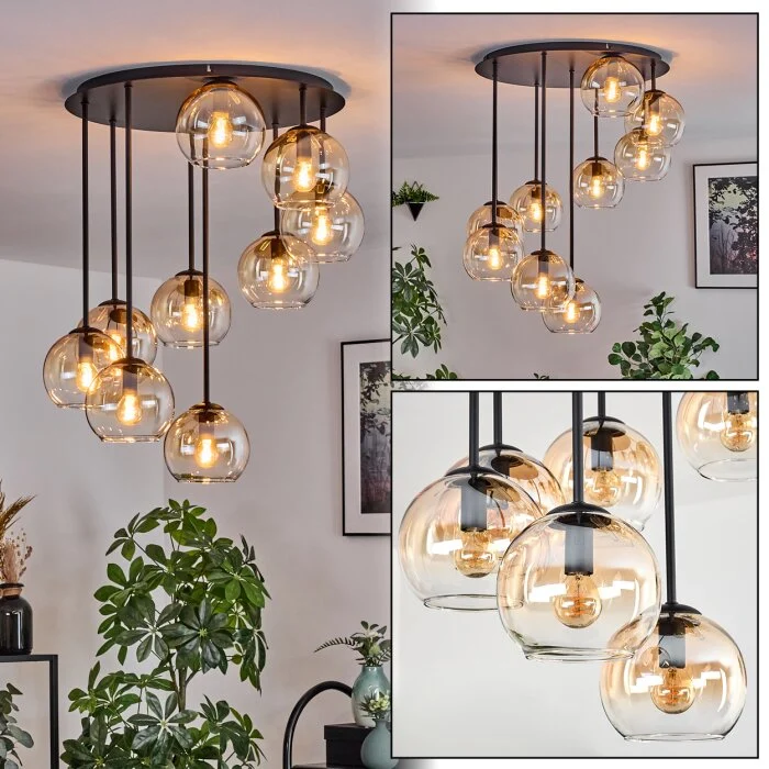 Koyoto Plafones, Luminarias esféricas 57 cm Colores ámbar, Transparente, 9 luces