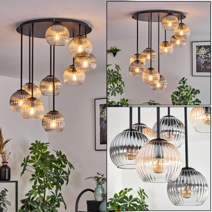 Koyoto Plafones, Luminarias esféricas 57 cm Colores ámbar, Transparente, Ahumado, 9 luces
