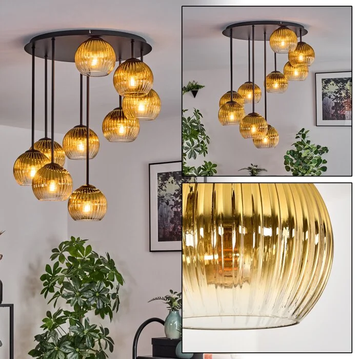 Koyoto Plafones, Luminarias esféricas 57 cm dorado, Transparente, 9 luces