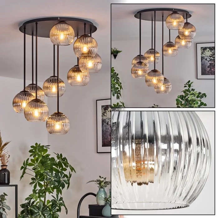 Koyoto Plafones, Luminarias esféricas 57 cm Transparente, Ahumado, 9 luces