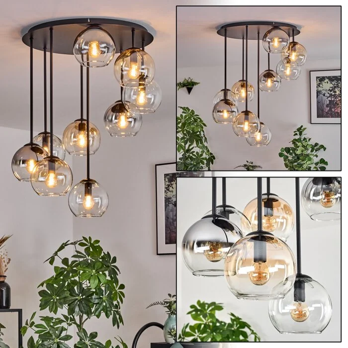 Koyoto Plafones, Luminarias esféricas Colores ámbar, Transparente, Ahumado, 9 luces