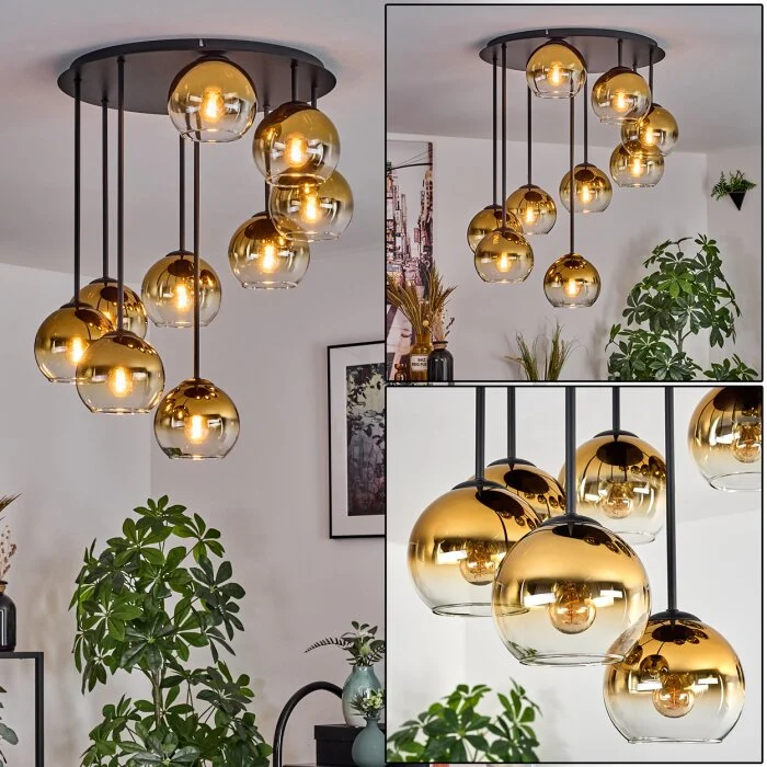 Koyoto Plafones, Luminarias esféricas dorado, Transparente, 9 luces