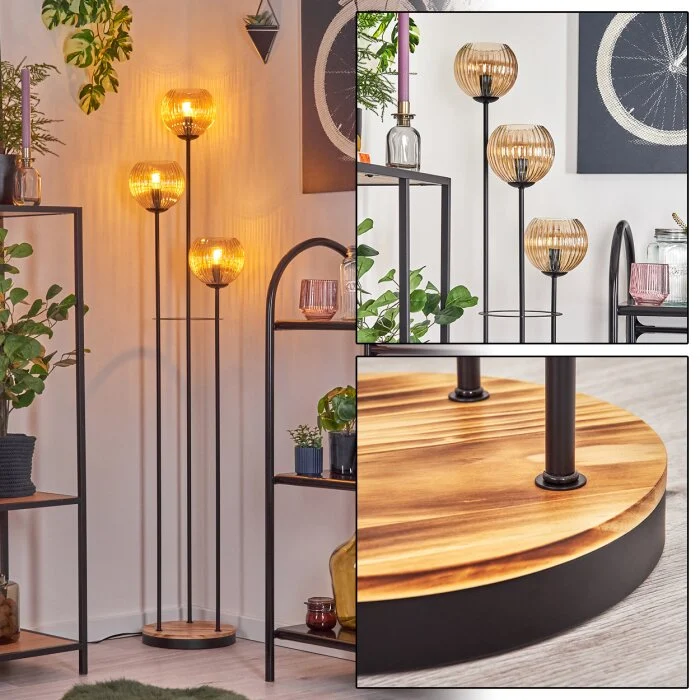 Kyoto Lámpara de pie Madera clara, Negro, 3 luces