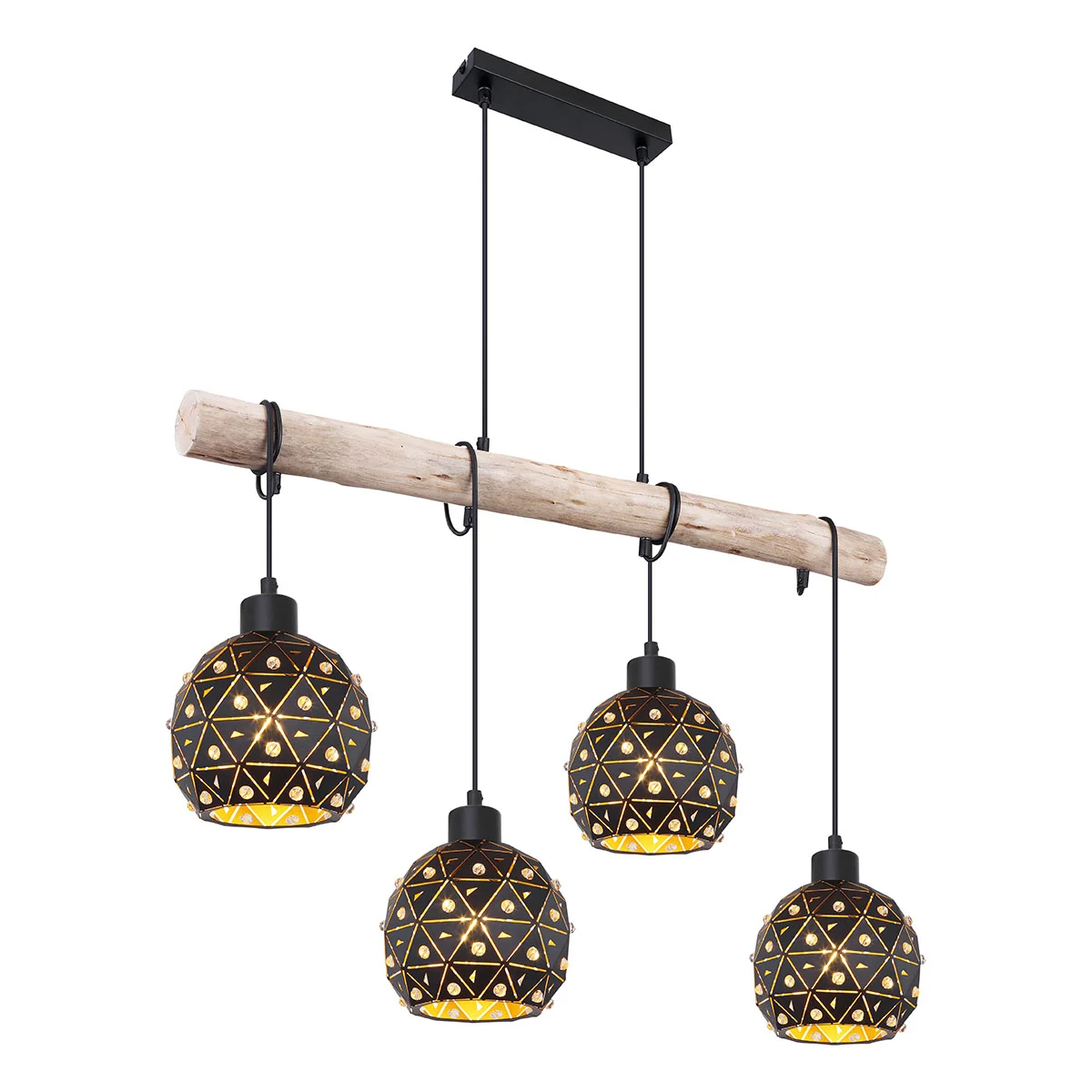 Lámpara colgante de 4 luces negra/natural de metal/madera Globo Jodie