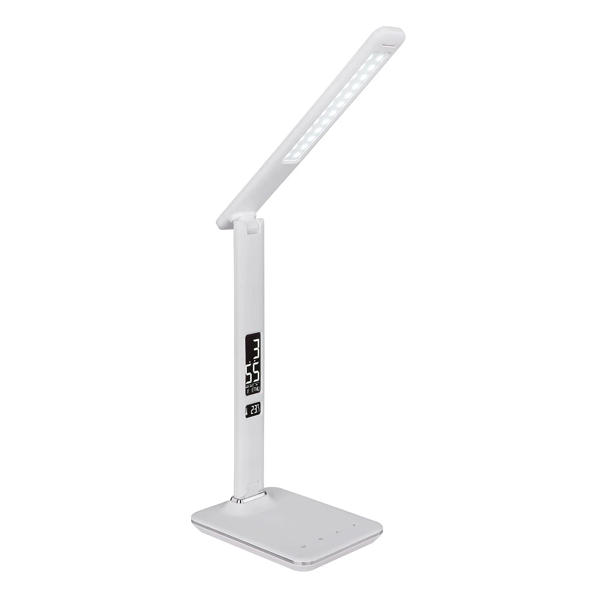 Lámpara de mesa blanca con pantalla informativa y apariencia de cuero Globo Tanna