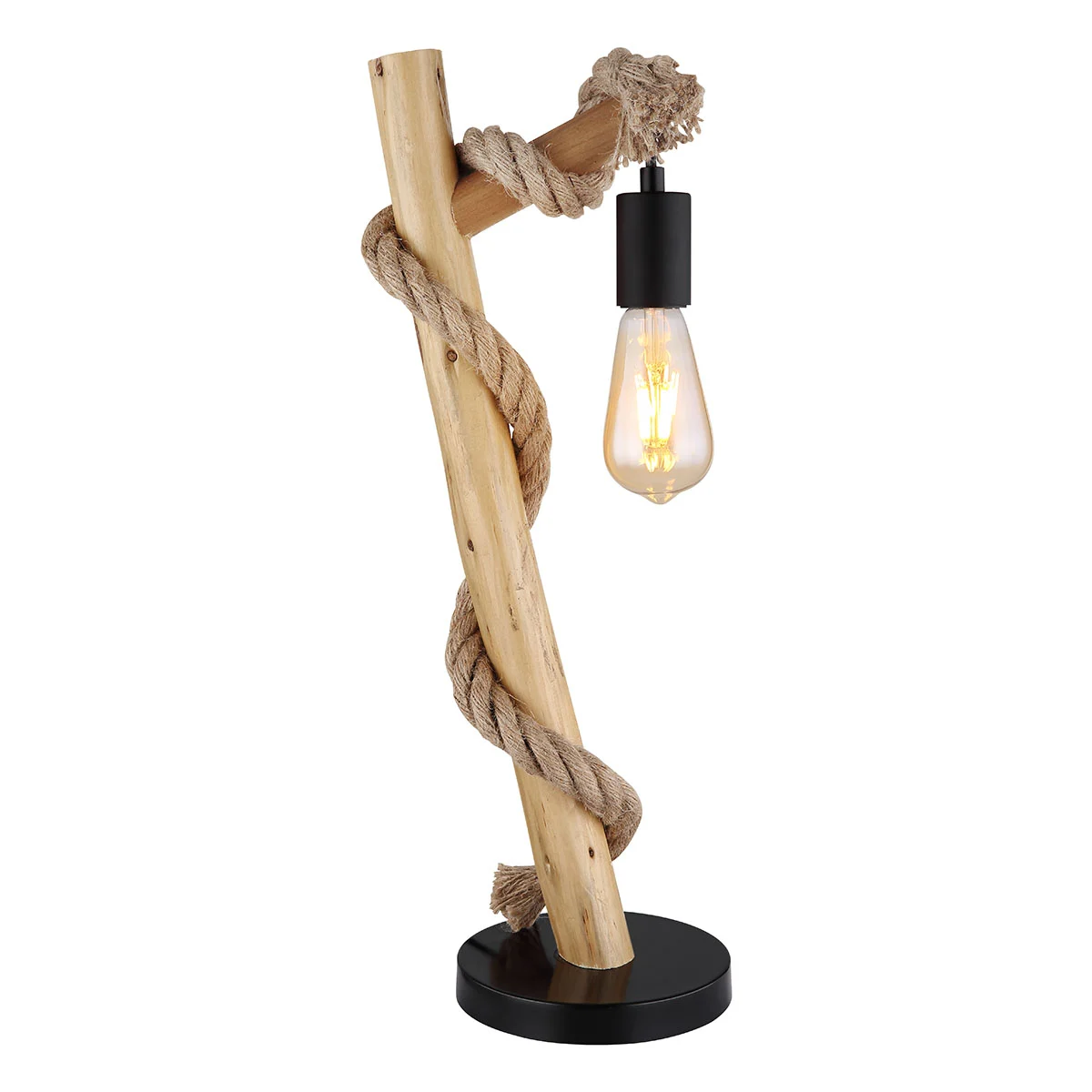 Lámpara de mesa inclinada natural/negra madera/cuerda de cáñamo Globo Ulleu