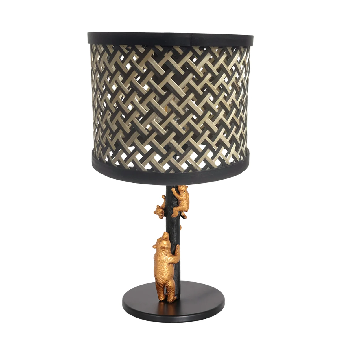 Lámpara de mesa negra con oso dorado y pantalla de mimbre Anne Light & Home Animaux