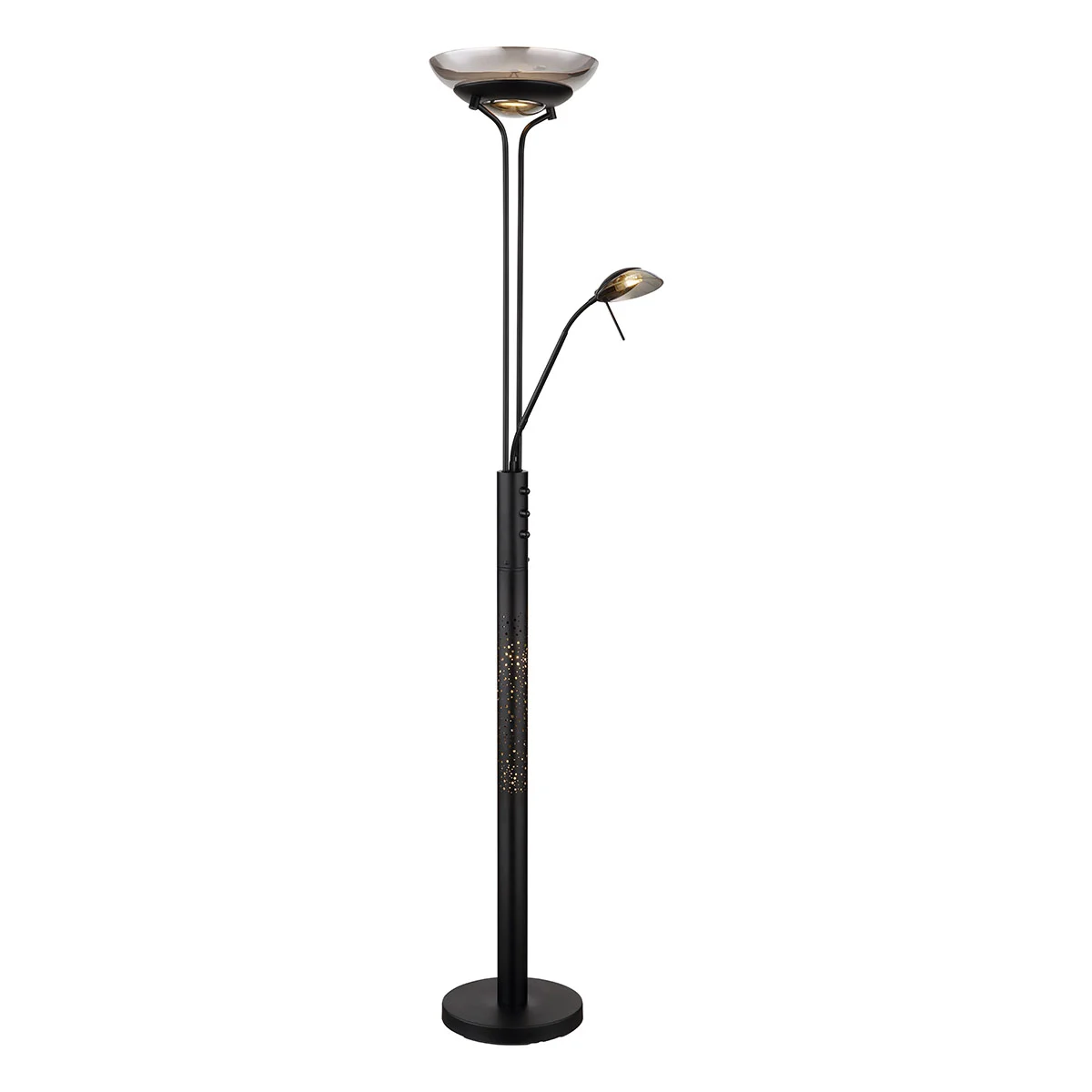 Lámpara de pie de 2 pantallas metal/cristal ahumado negro Globo Merlinda