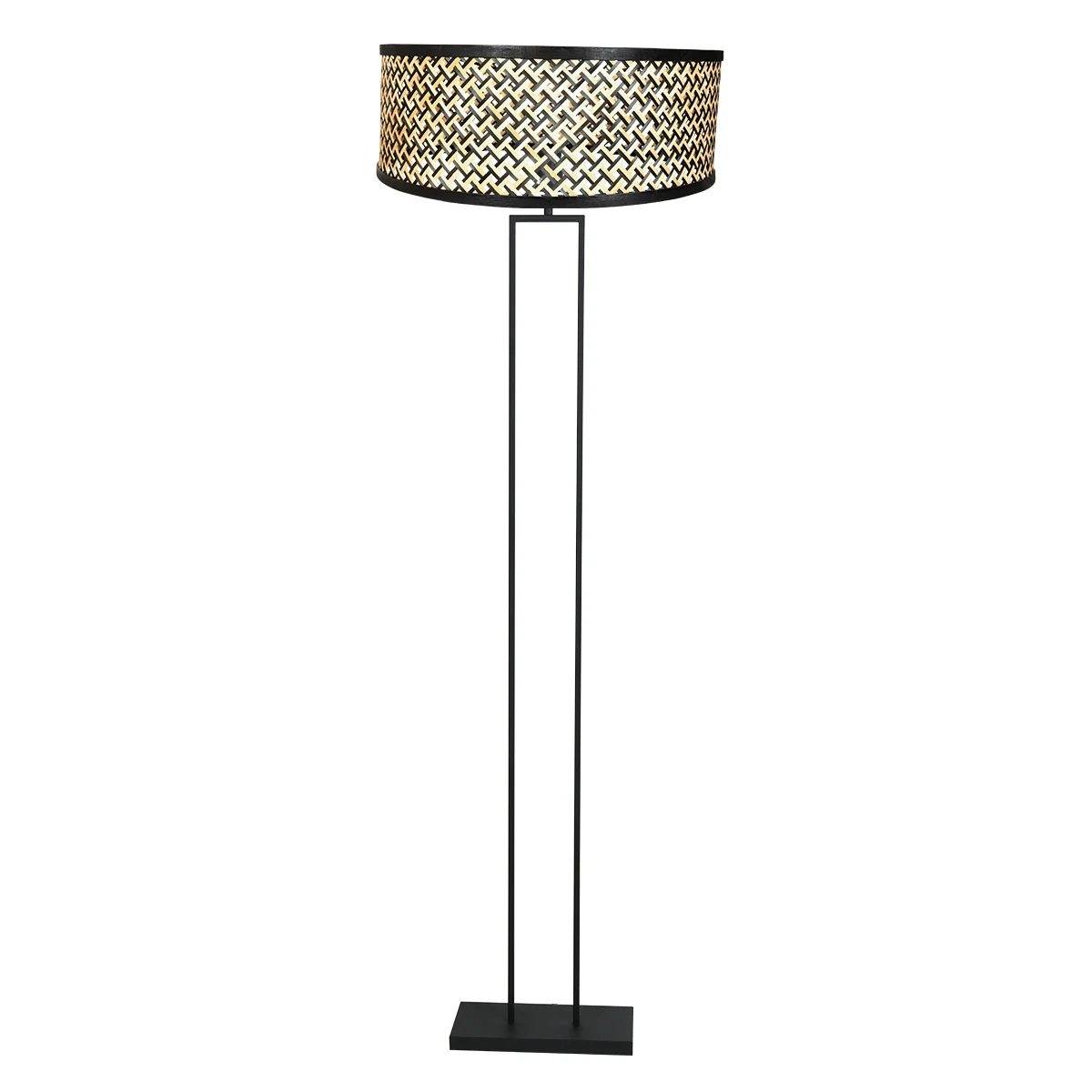 Lámpara de pie industrial negra con pantalla de mimbre Steinhauer Stang