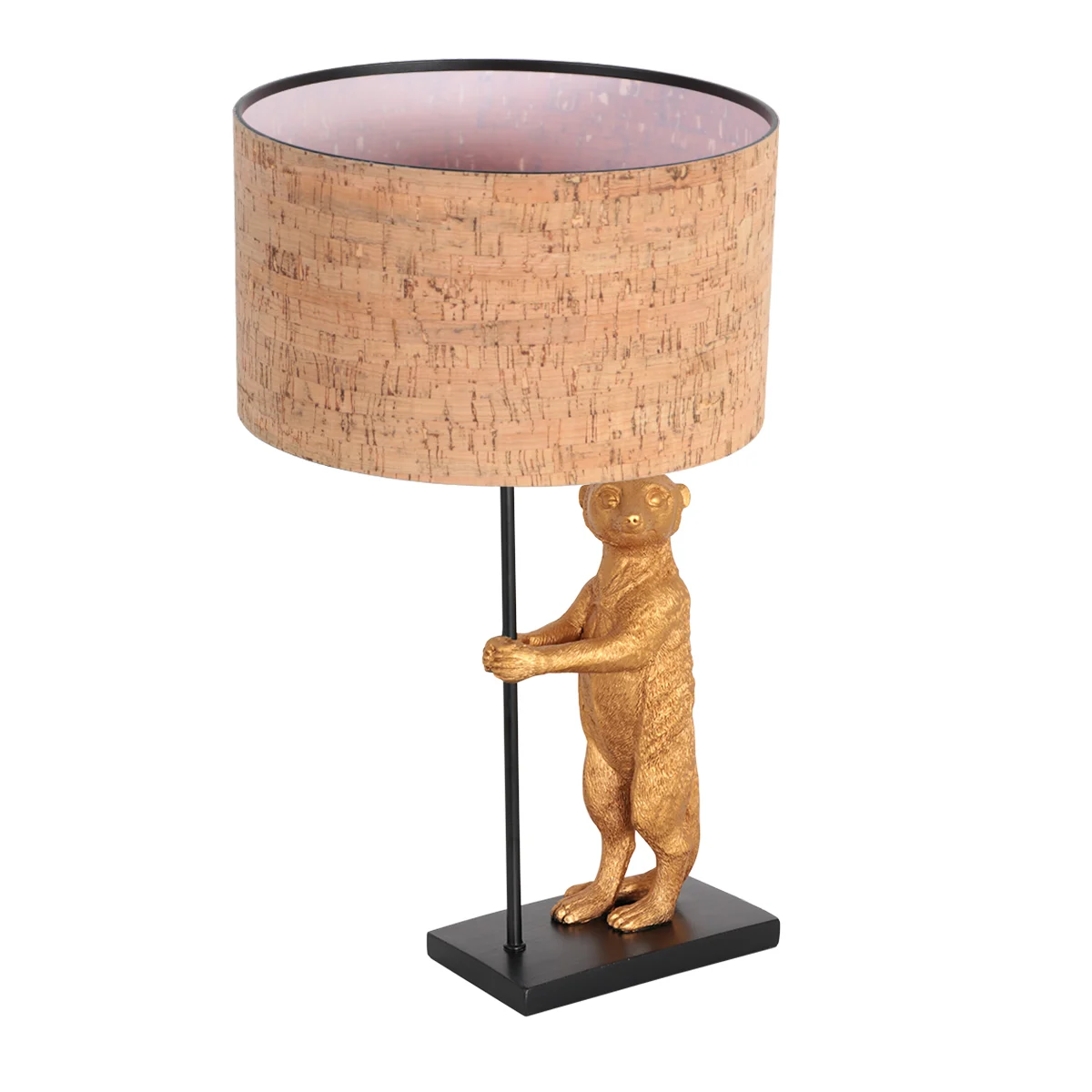 Lámpara de mesa negro dorado con figura decorativa y pantalla de corcho Anne Light Animaux