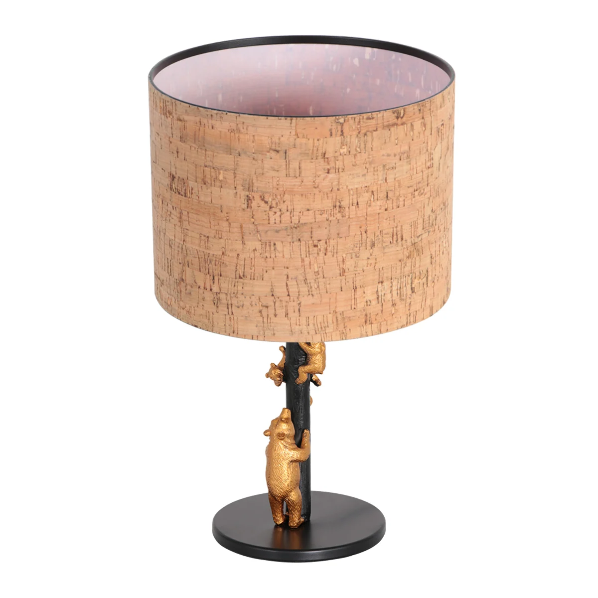 Lámpara de mesa negro dorado con ositos y pantalla de corcho Anne Light Animaux