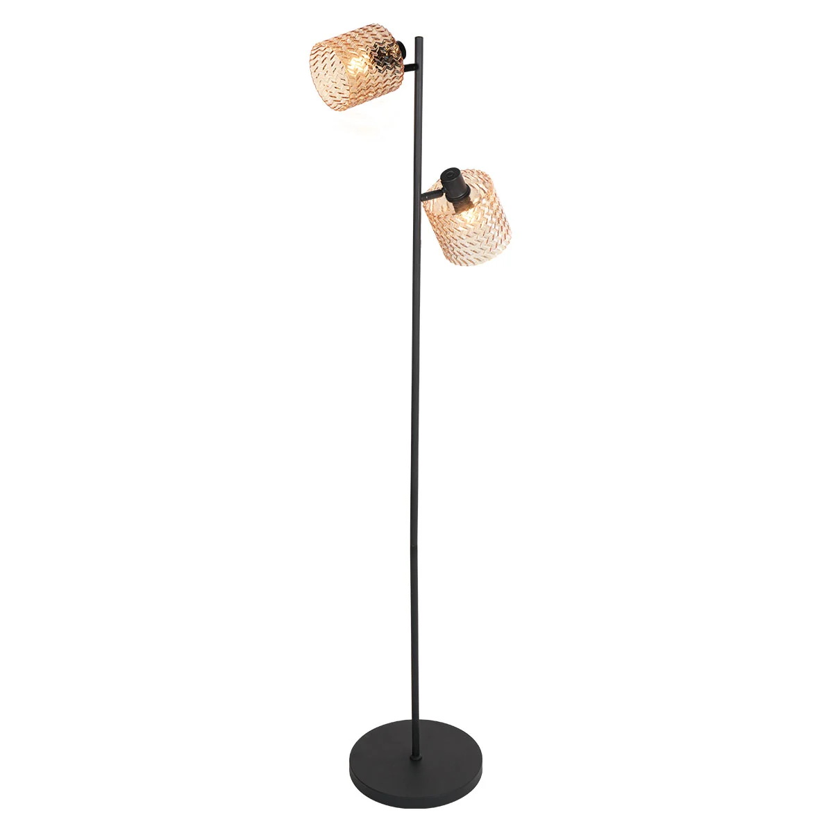 Lámpara de pie negra con dos puntos de luz de vidrio ámbar Mexlite Ocre