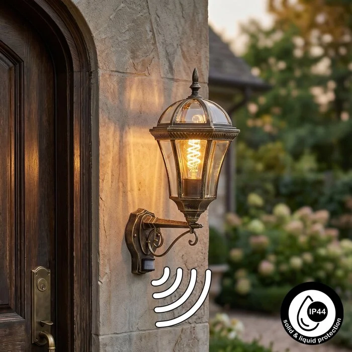 Lavajo Iluminación exterior, Aplique de exterior dorado, Negro, 1 luz, Sensor de movimiento