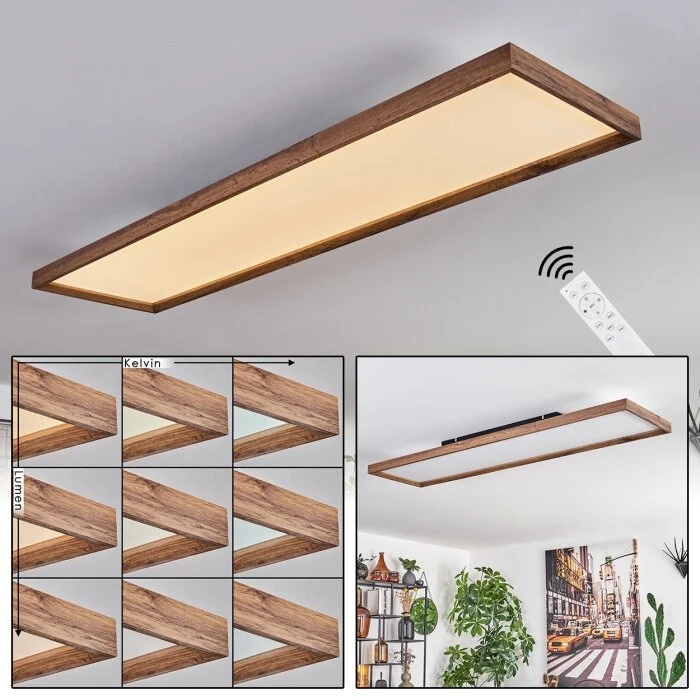 Longvic Lámpara de Techo LED Color madera, Negro, 1 luz, Mando a distancia