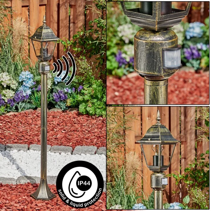 Naofe Poste de Jardín dorado, Negro, 1 luz, Sensor de movimiento