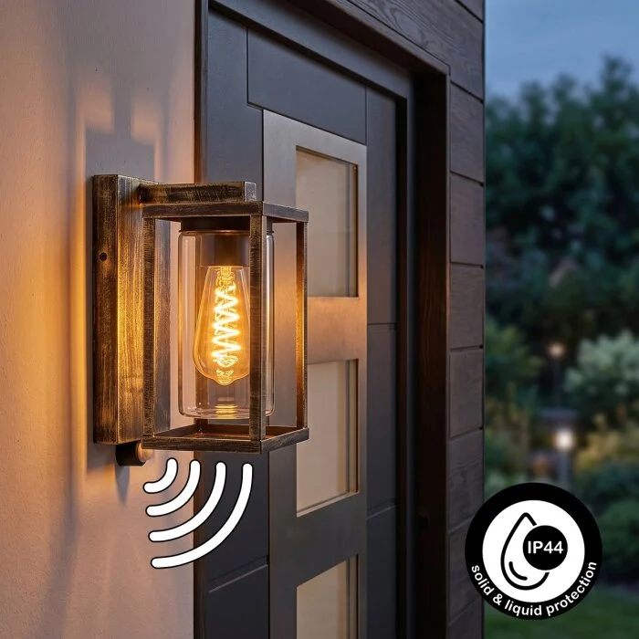 Portalis Aplique de exterior dorado, Negro, 1 luz, Sensor de movimiento
