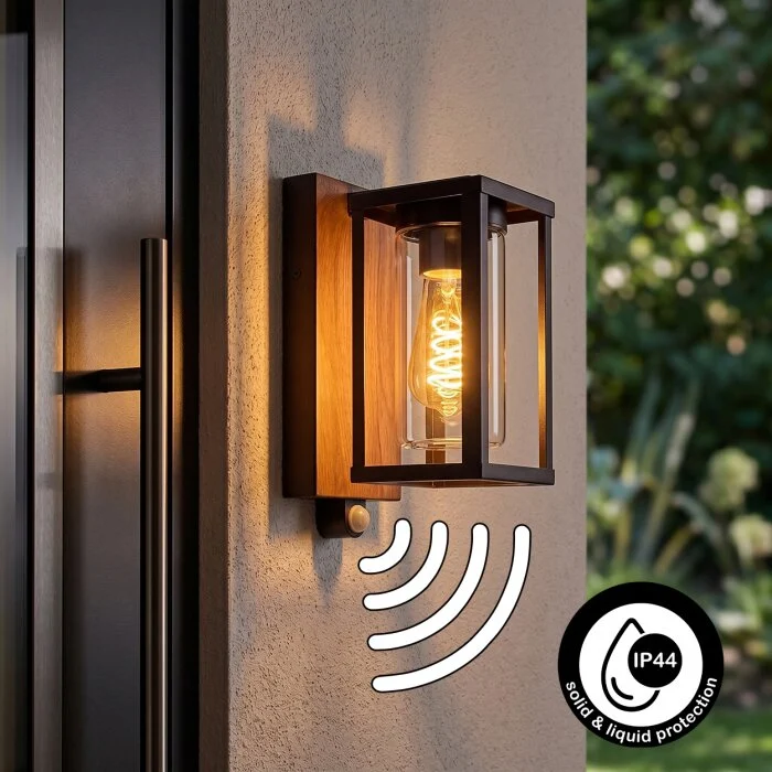 Portalis Aplique de exterior Marrón, Color madera, Negro, 1 luz, Sensor de movimiento