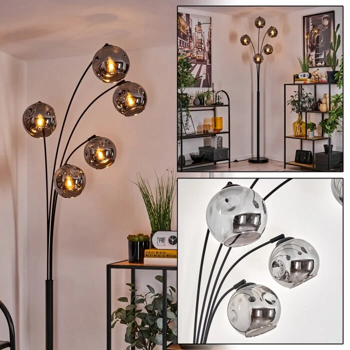 Ripoll Lámpara de Pie - Cristal 15 cm Ahumado, 5 luces