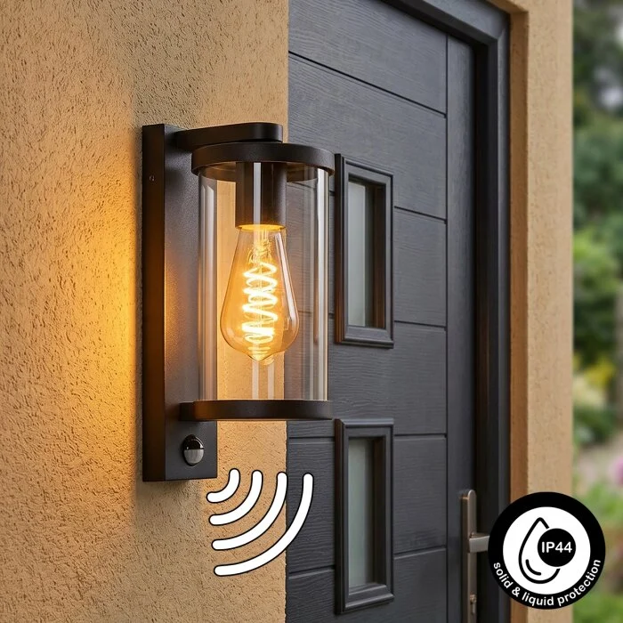 Telhada Iluminación exterior, Aplique de exterior Negro, 1 luz, Sensor de movimiento
