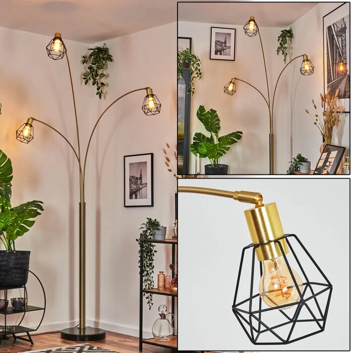 Yaak Lámpara de pie Latón, Negro, 3 luces